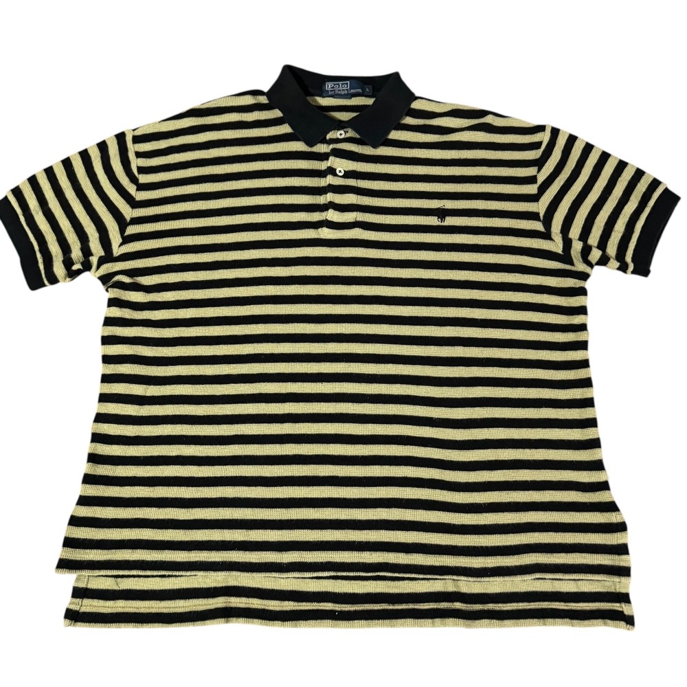 VTG Polo by Ralph Lauren Mens Striped Polo Short Sleeve Black Beige Men's Size L